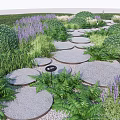 Stepping Stones in Garden Path Surrounded by Lush Greenery and Purple Flowers