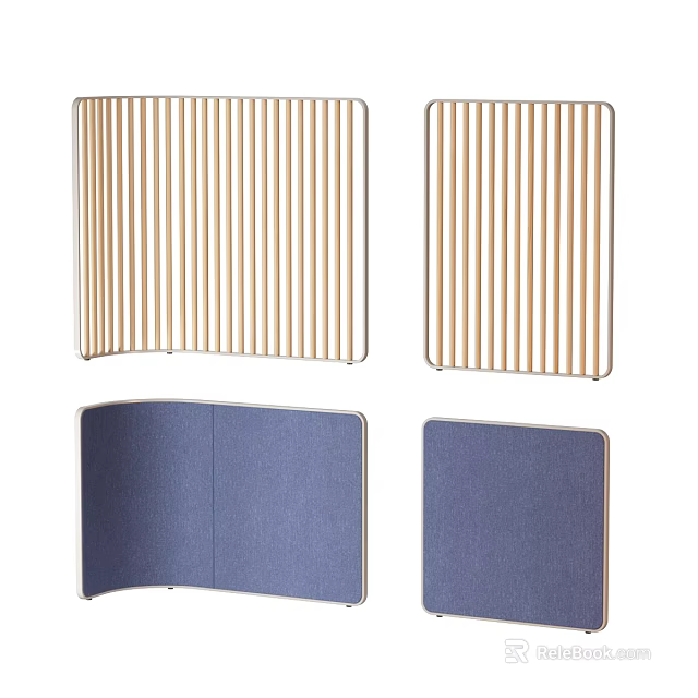 Modern Room Dividers With Wooden Slats And Blue Fabric Panels Design 3d model 