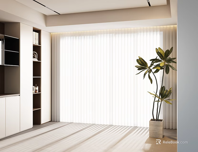 White Window Curtains With Sunlight Filtering Through Modern Interior Green Plant in White Pot 3d model 