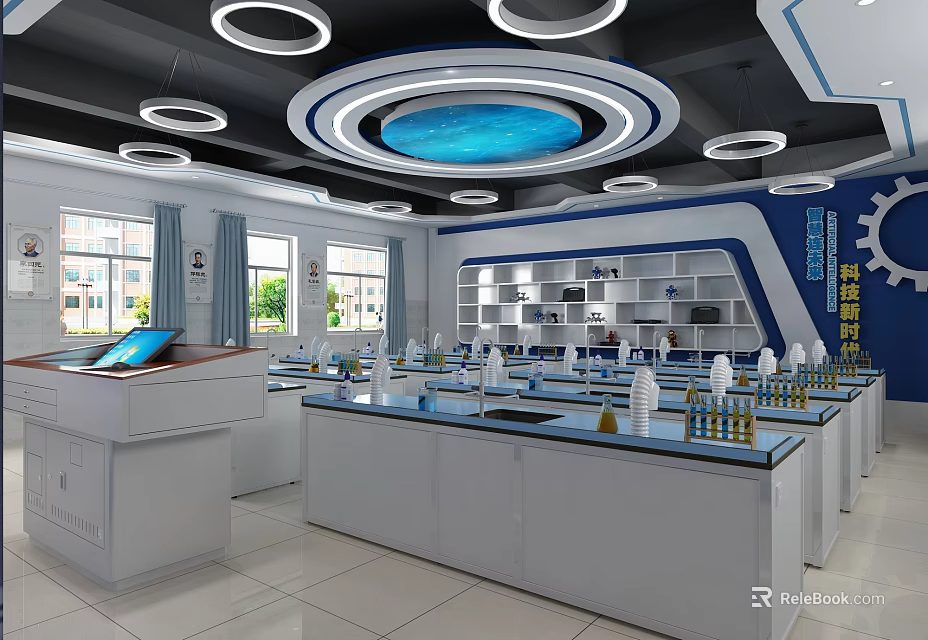 Modern Laboratory Interior With Worktables Shelves Windows Lighting And Scientific Equipment 3d model 