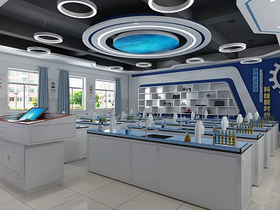 Modern Laboratory Interior With Worktables Shelves Windows Lighting And Scientific Equipment 3d model