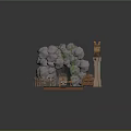 Detailed Rustic Themed Scene Setup With Rock Formation Wooden Tables Logs And Tower Structure