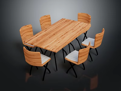 Modern Wooden Rectangular Dining Table Set with Six Chairs Light Colored Cushions and Black Legs 3d model