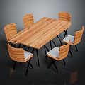 Modern Wooden Rectangular Dining Table Set with Six Chairs Light Colored Cushions and Black Legs 3d model