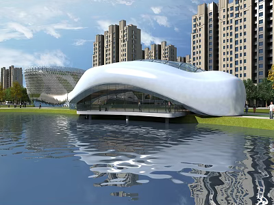 Modern Streamlined White Stadium Building with Water Reflection and Surrounding High Rise Towers 3d model