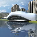 Modern Streamlined White Stadium Building with Water Reflection and Surrounding High Rise Towers