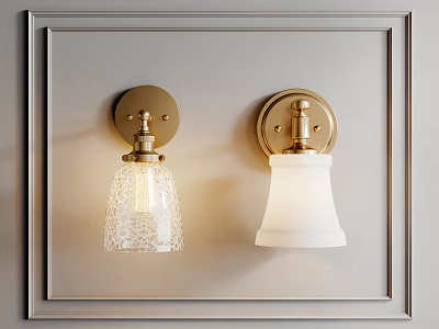 Modern Classic Brass Wall Sconces with Textured Clear and White Glass Shades on Framed Wall 3d model