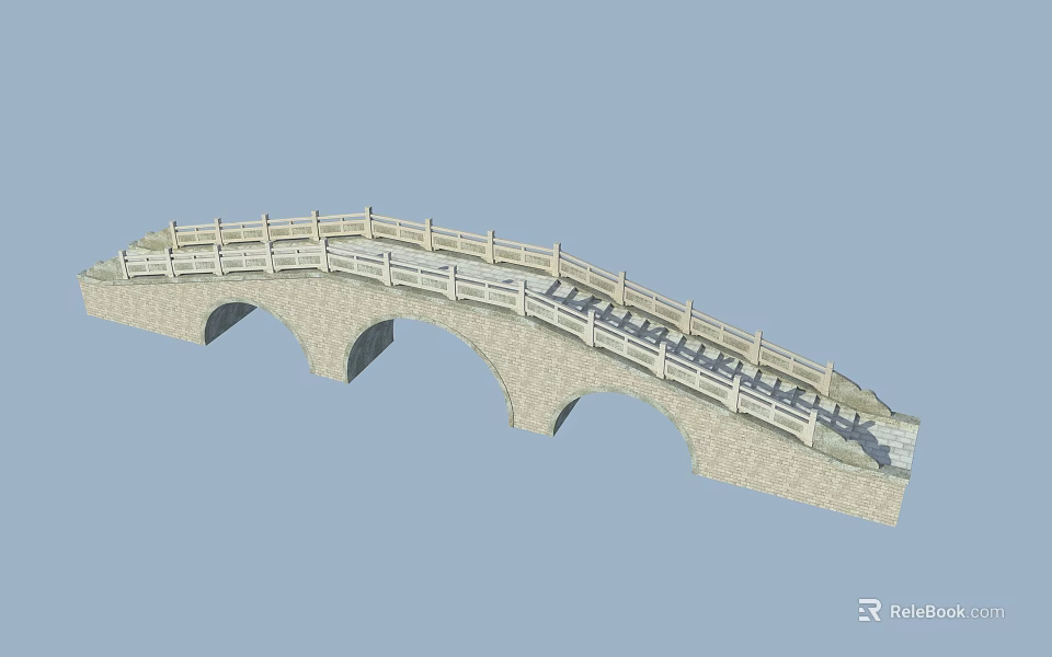 Stone Arch Bridge With White Railing And Stone Material Structure Design 3d model 