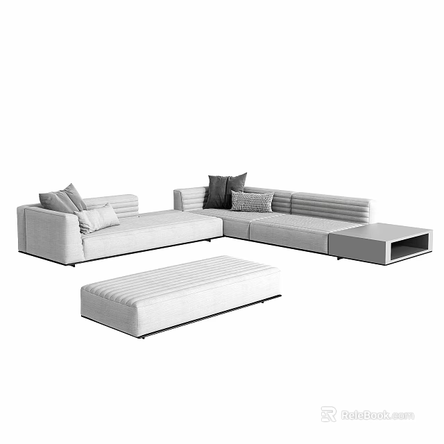 Modern U Shaped Multi person Sofa With Soft Cushions Ottoman And Coffee Table 3d model 