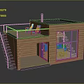 Modern Wooden Building With Black Roof Balcony Staircase Chairs And Large Glass Windows