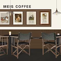 Meis Coffee Shop Interior With Framed Posters Hanging Pendant Lights Round Tables And Wooden Chairs