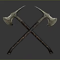 Ornate Crossed Axes With Metal Heads And Wooden Handles As Medieval Weapon