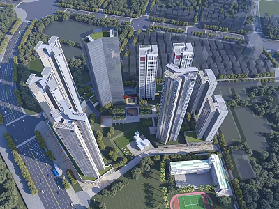 Aerial View Urban Planning With High Rise Buildings Green Spaces And Sports Field 3d model