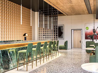 Modern Café Interior With Green Bar Stools Marble Counter Wooden Wall And Hanging Lights 3d model