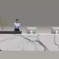 Modern Front Desk Reception Design With Marble Countertop Female Receptionist Computers And Green Plant