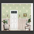 Cartoon Bathroom Scene Featuring Green Floral Wallpaper White Bathtub Sink Toilet Plants And Wooden Floor