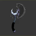 Fantasy Axe Weapon with Curved Blade Dark Head Green Spiral Handle and Ornate Purple Accents