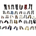 Various Styles of Shoes Including Boots Heels Sneakers and Flats Neatly Arranged