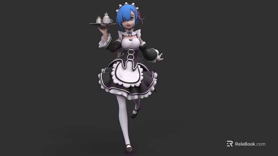 Game Movie Character with Blue Hair in Black White Maid Outfit Holding Tray Teacup Pastry 3d model 
