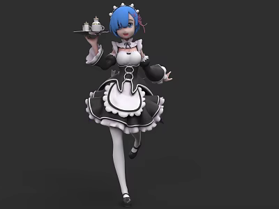 Game Movie Character with Blue Hair in Black White Maid Outfit Holding Tray Teacup Pastry 3d model