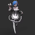 Game Movie Character with Blue Hair in Black White Maid Outfit Holding Tray Teacup Pastry