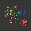 Red And Pink Flower Petals Scattered With Blue Leaves Near Decorative Basket Holding Red Blooms
