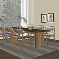 Modern Wooden Dining Table With Six Chairs Fruit Bowl Vases And Wall Art