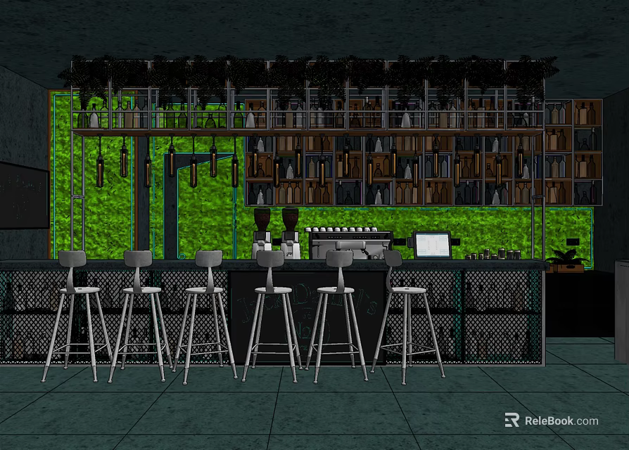 Modern Bar Counter With Green Plant Wall White Bar Stools And Hanging Shelves 3d model 
