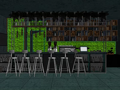 Modern Bar Counter With Green Plant Wall White Bar Stools And Hanging Shelves 3d model
