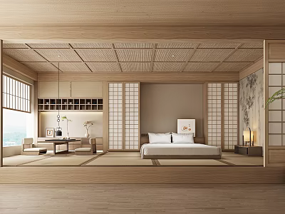 Japanese Style Hotel Room Interior With Wooden Tatami Sliding Doors And Bed 3d model