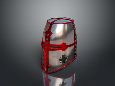 Medieval Weapon Helmet With Silver Metallic Body Red Cross Design And Decorative Rivets 3d model