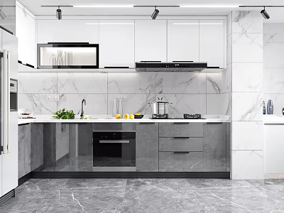 Modern Kitchen Interior Design Featuring White Cabinets Marble Backsplash Gray Countertops And Oven 3d model