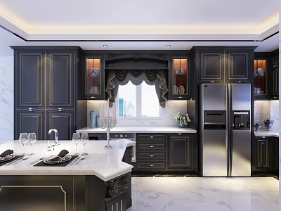 Modern Open Kitchen Bar Area With Island Countertop Seating And Cabinets 3d model