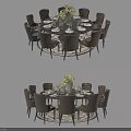Stylish Round Dining Table Set with Eight Chairs Vase with Flowers and Tableware 3d model