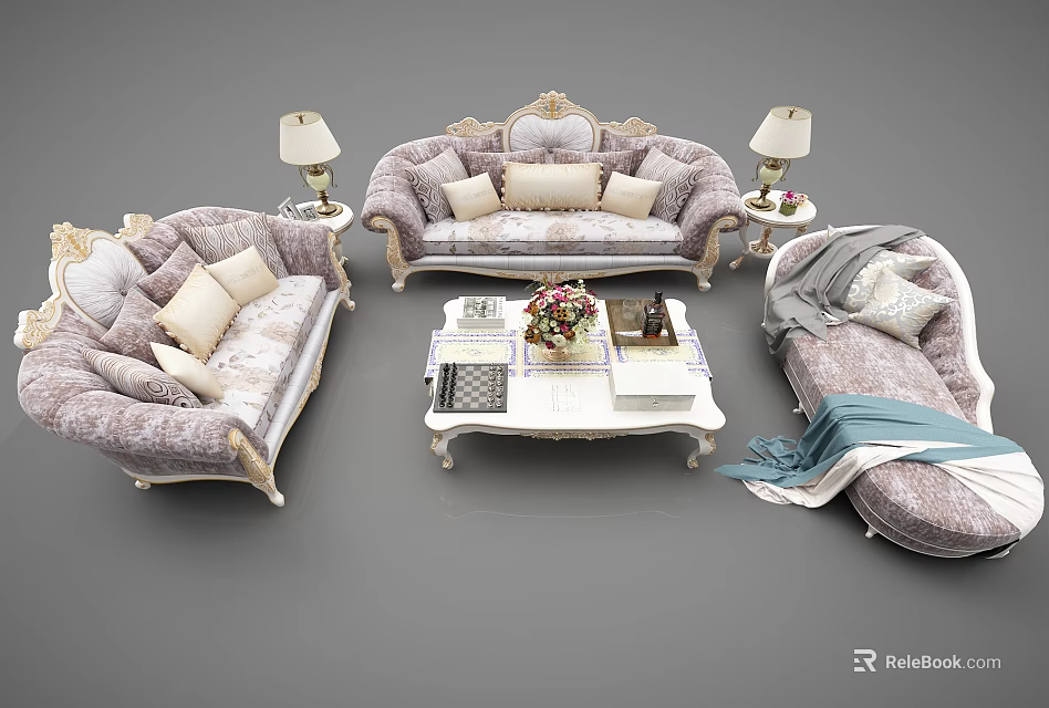 Elegant Ornate Upholstered Sofa Set With Coffee Table Throw Pillows Fresh Flowers And Table Lamps 3d model 