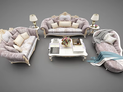 Elegant Ornate Upholstered Sofa Set With Coffee Table Throw Pillows Fresh Flowers And Table Lamps 3d model