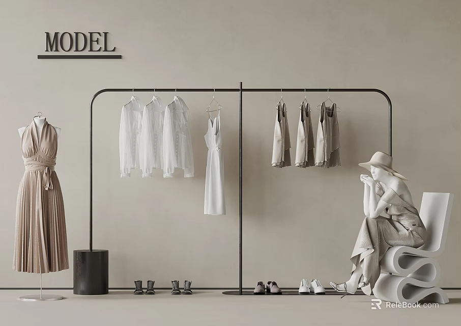 Minimalist Clothing Display Setting With Hanging Clothes Dresses Mannequin Shoes And Hat 3d model 