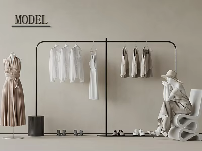 Minimalist Clothing Display Setting With Hanging Clothes Dresses Mannequin Shoes And Hat 3d model