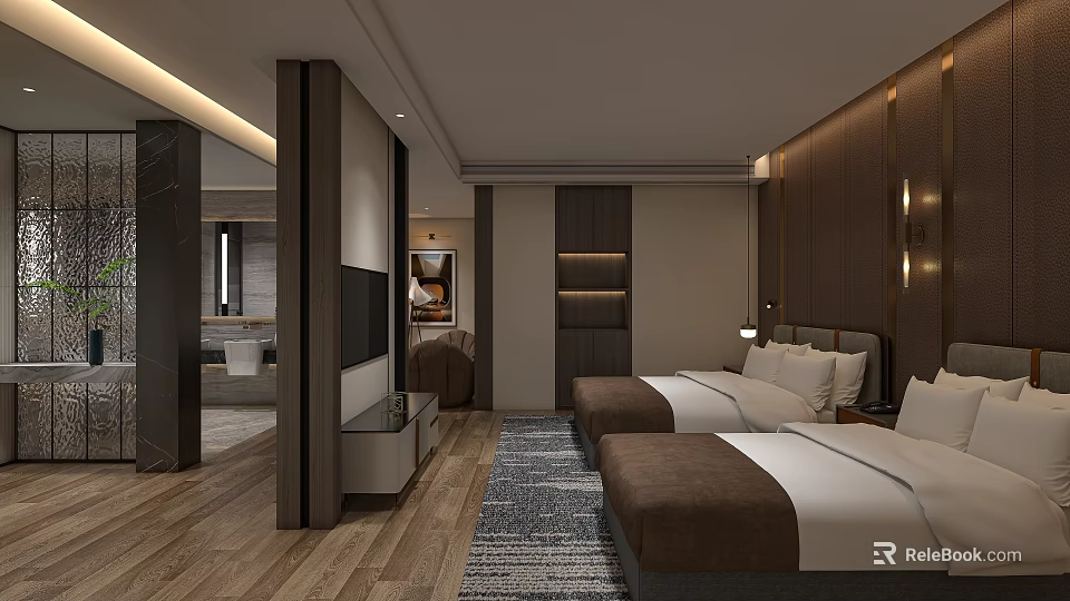 Elegant Modern Hotel Guest Room With Twin Beds Flat Screen TV And Area Rug 3d model 