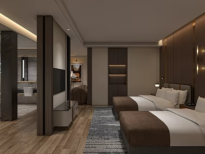 Elegant Modern Hotel Guest Room With Twin Beds Flat Screen TV And Area Rug 3d model