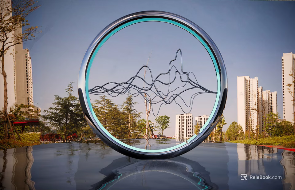 Modern Circular Sculpture With Mountain Line Design Blue Light Ring Urban Background Water Reflection 3d model 