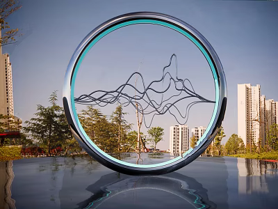Modern Circular Sculpture With Mountain Line Design Blue Light Ring Urban Background Water Reflection 3d model