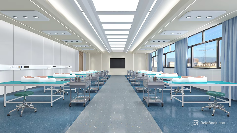 School Practice Room Featuring Long Corridor Beds Trolleys White Cabinets TV Screen And Window View 3d model