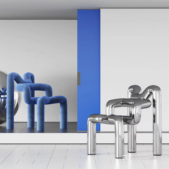 Modern Blue and Silver Single Chair with Curved Lines in Minimalist Interior 3d model 