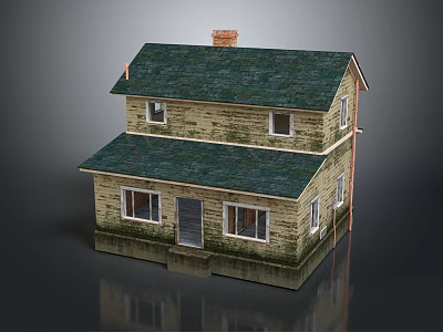 Two Story Wooden House With Stone Exterior Dark Green Roof White Windows And Chimney 3d model