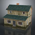 Two Story Wooden House With Stone Exterior Dark Green Roof White Windows And Chimney