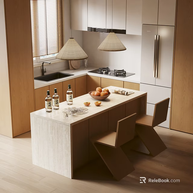 Modern Kitchen Dining Set With Wooden Table Chairs Fruits And Decorative Bottles 3d model 