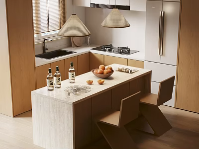 Modern Kitchen Dining Set With Wooden Table Chairs Fruits And Decorative Bottles 3d model