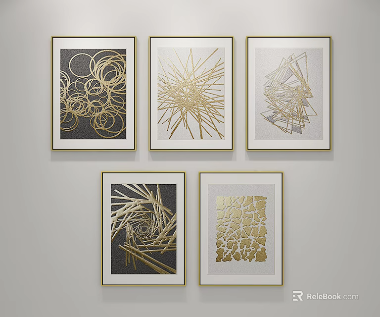 Abstract Artworks With Golden Decorative Elements In White Frames On Light Gray Wall 3d model