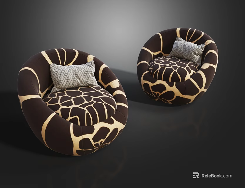 Round Shaped Single Sofa With Brown And Beige Pattern And Gray Decorative Pillow 3d model 